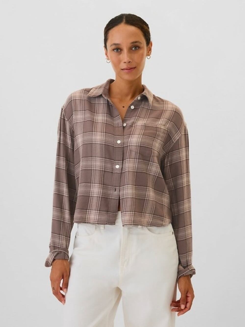 GAP Brown Plaid Cropped Flannel Button Down Shirt XXL Soft Casual Fall